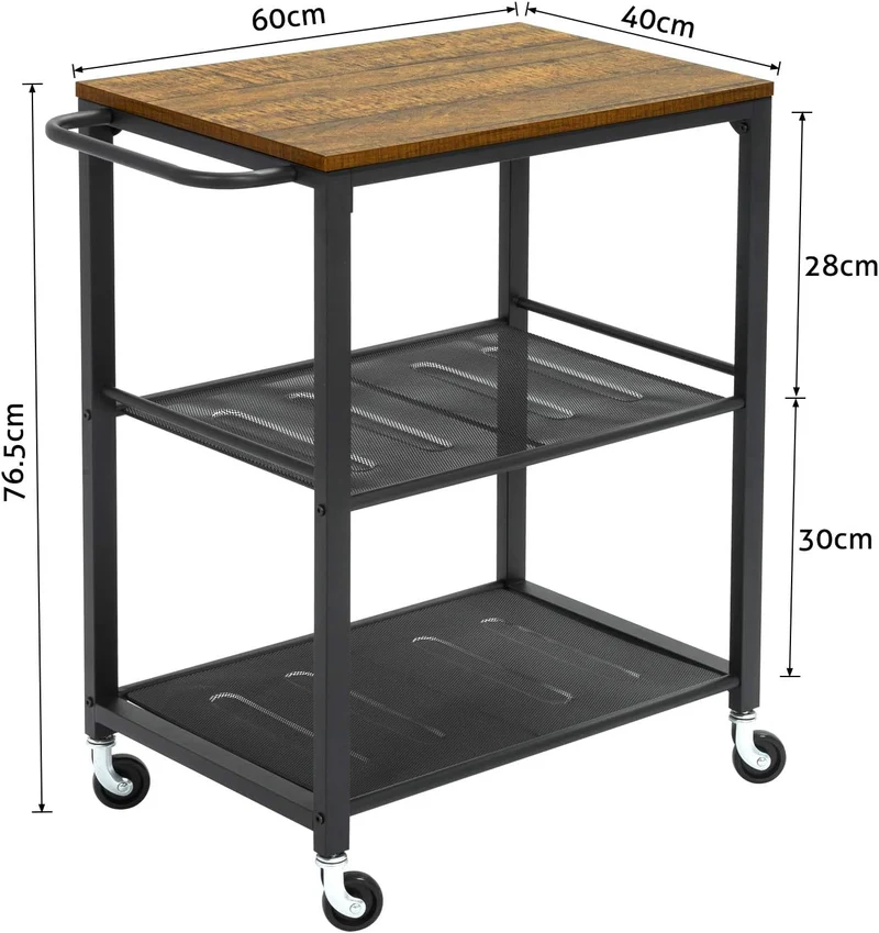 Meerveil Küchenwagen, Servierwagen auf 4 Rollen Bremse und 3 Böden ,60 x 40 x 78,5 cm, Industriestil