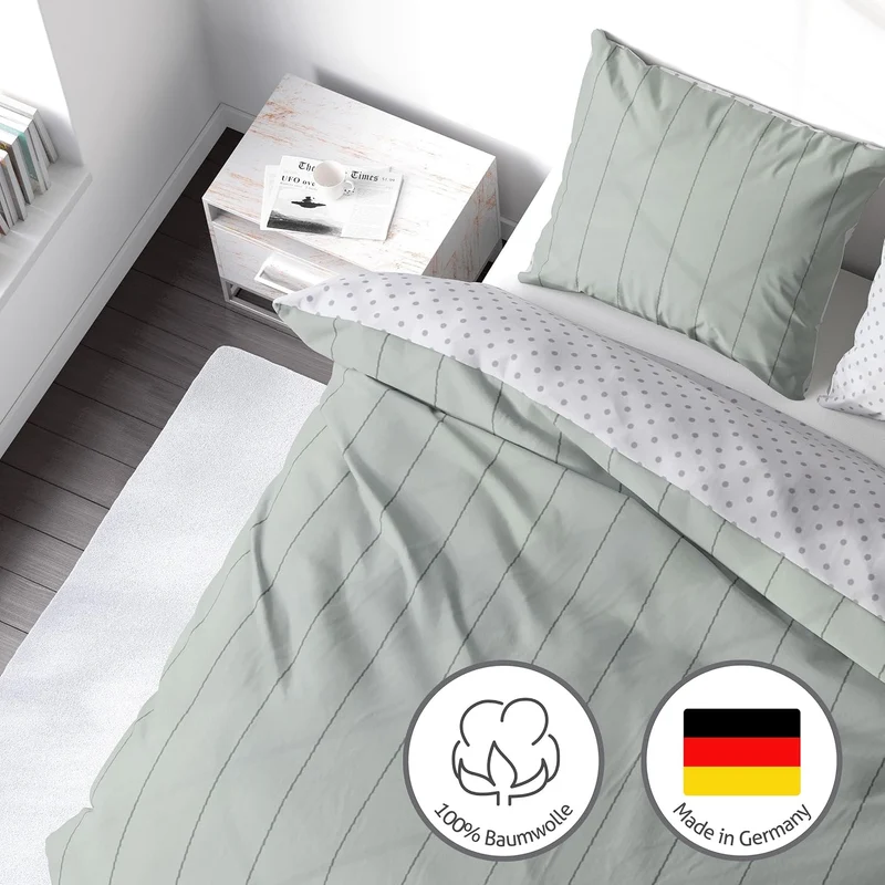LINKHOFF Bettwäsche gestreift 155x220 cm - Biber Bettwäsche Grün Mint - Grau aus 100% Baumwolle - Fe