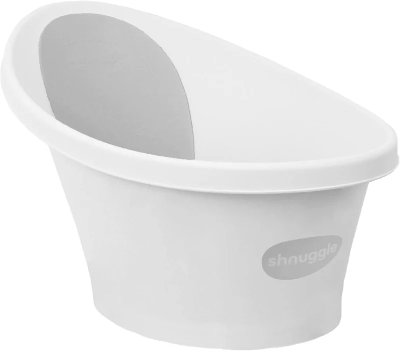 Shnuugg Badewanne für Neugeborene bis 12 Monate mit Stöpsel am Boden, weiss mit grauer Rückenlehne –