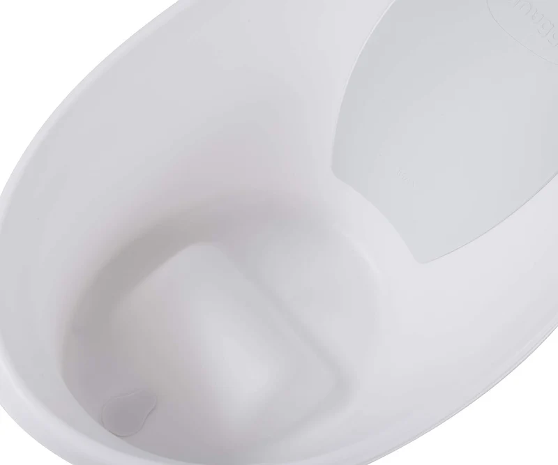 Shnuugg Badewanne für Neugeborene bis 12 Monate mit Stöpsel am Boden, weiss mit grauer Rückenlehne –