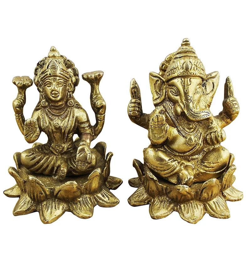Religiöse dekorationen indischen gott ganesha und göttin lakshmi figur satz messingstatue - 7,9 x 6,