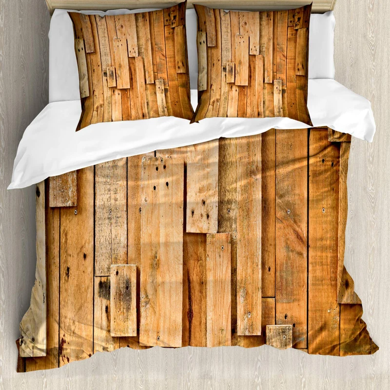 ABAKUHAUS Holz Bettwäsche Set für Doppelbetten, Lodge Wall Planks Drucken, Weicher Microfaserstoff A