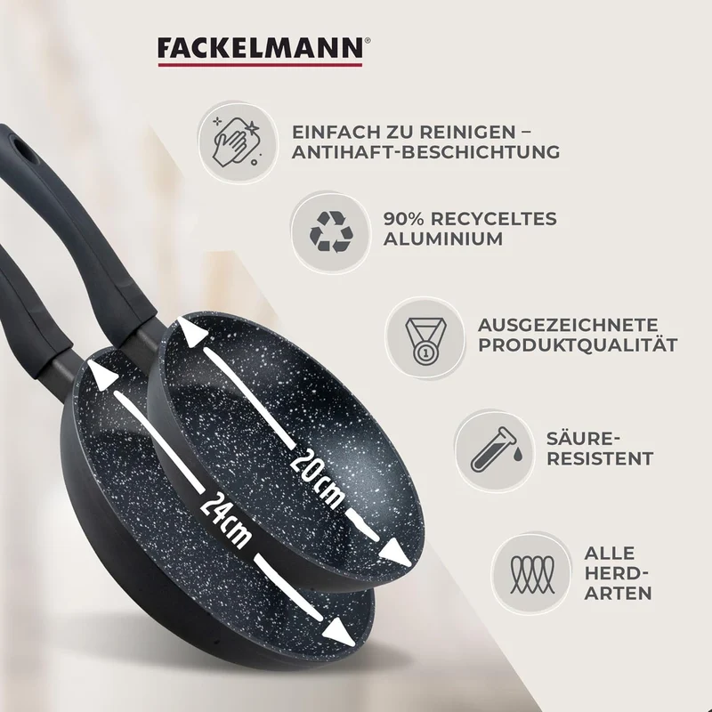 Fackelmann Bratpfannen Set Marble 20 cm & 24 cm, Antihaft-Pfannen aus 90% recyceltem Aluminium mit e