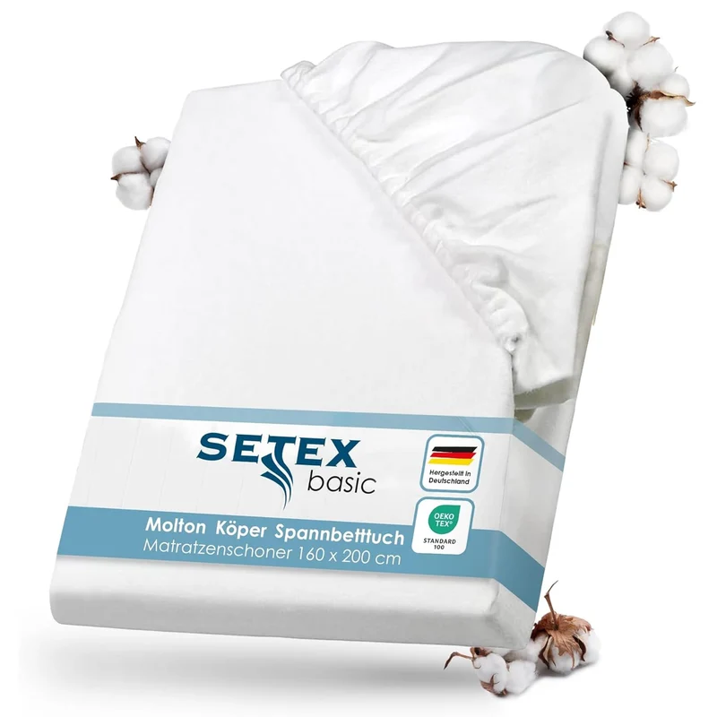 SETEX Molton Köper Matratzenschutz, 160 x 200 cm, Matratzenschoner aus 100 % Baumwolle, Basic, Weiss