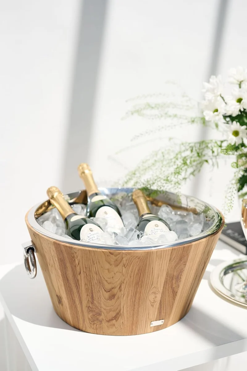 EDZARD Champagnerkühler Santiago (Ø 46 cm, Höhe 23 cm) Teakholz, Edelstahl hochglanzpoliert, mit Gri