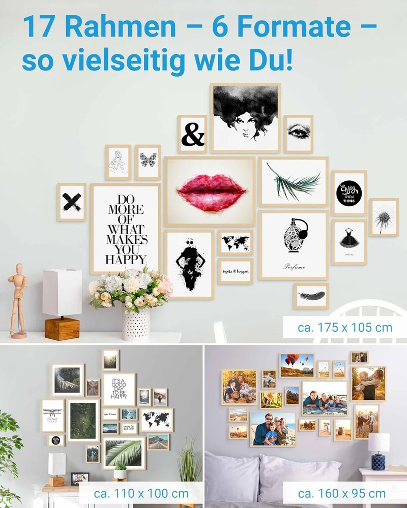 PHOTOLINI Bilderrahmen-Set MDF-Holz Natur, 17er Rahmenset Posterrahmen, bruchsicheres Acrylglas, zum