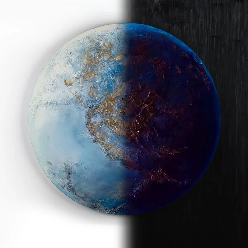 YS-Art Abstrakt Fluoreszierendes selbst leuchtendes Acryl 3D Gemälde auf runder Leinwand Neptun hand