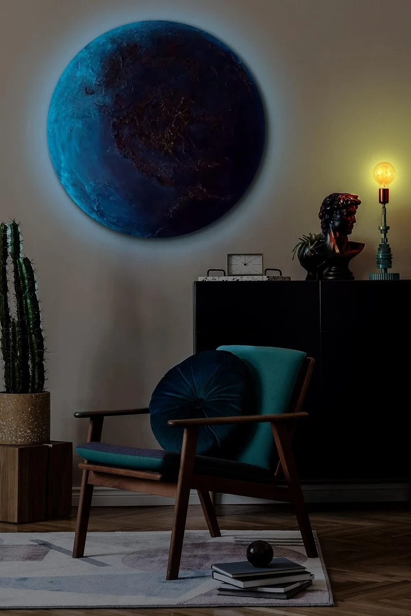 YS-Art Abstrakt Fluoreszierendes selbst leuchtendes Acryl 3D Gemälde auf runder Leinwand Neptun hand