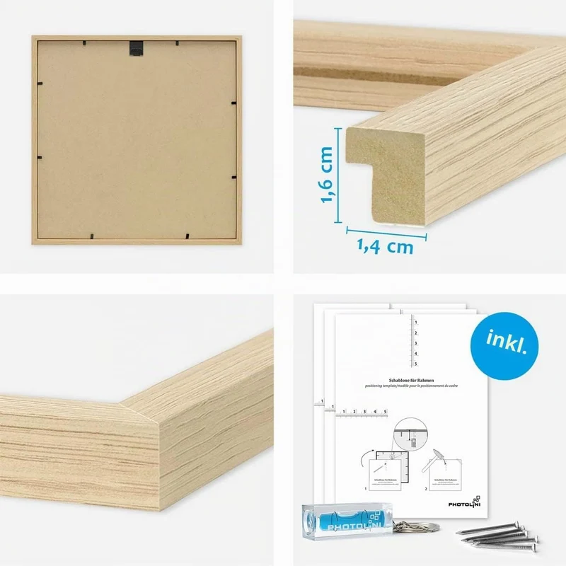 PHOTOLINI Bilderrahmen 30x30 cm MDF-Holz Natur, 4er Set Posterrahmen mit Passepartout, bruchsicheres