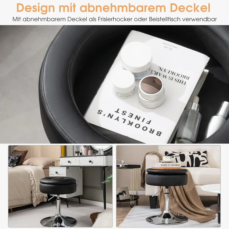 GOPLUS Schminkhocker drehbar, Ottomane mit Deckel, Drehhocker höhenverstellbar 51-56cm für Wohnzimme