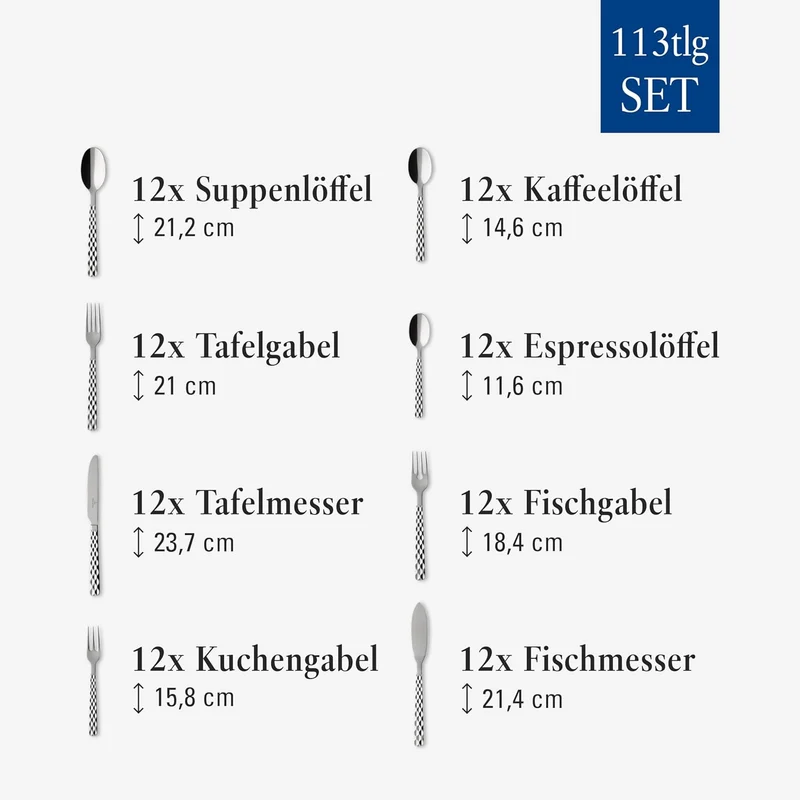 Villeroy und Boch Boston Tafelbesteck für bis zu 12 Personen, 113-teilig, Edelstahl Tafelbesteck | 1