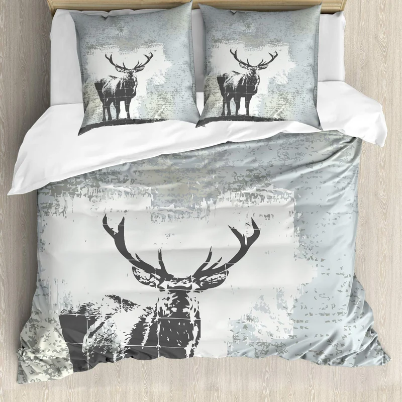 ABAKUHAUS Geweih Bettbezugs Set Für Doppelbetten, Hirsch Silhouette Grunge, Milbensicher Allergiker