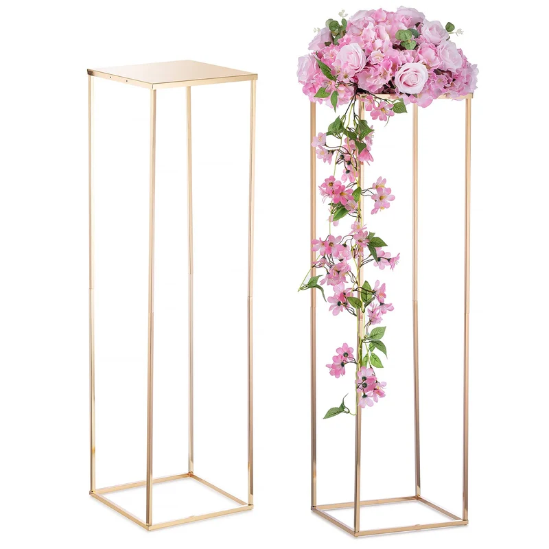 Nuptio Grosse Goldfarbene Vasen Mittelstücke – 2 Stück 100cm Hohe Blumenvasen Metall Säule Geometris