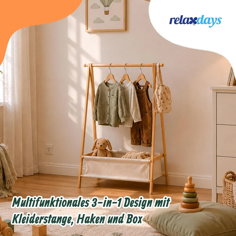 Relaxdays Kleiderständer Kinder, Bambus, HxBxT 106 x 86 x 36 cm, Stoffkorb, Kleiderstange, Kindergar
