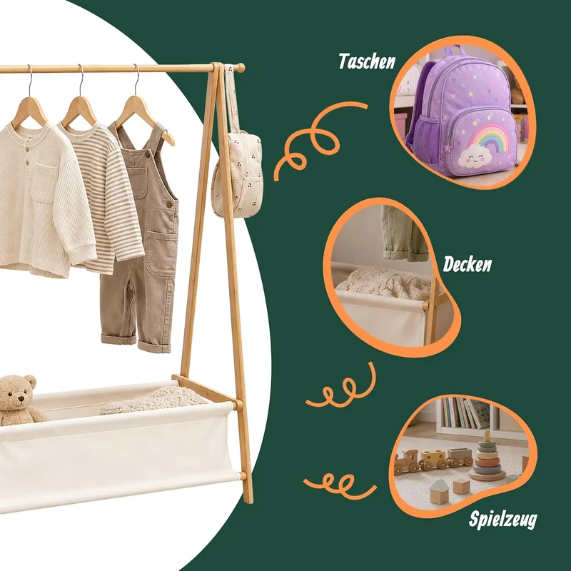 Relaxdays Kleiderständer Kinder, Bambus, HxBxT 106 x 86 x 36 cm, Stoffkorb, Kleiderstange, Kindergar