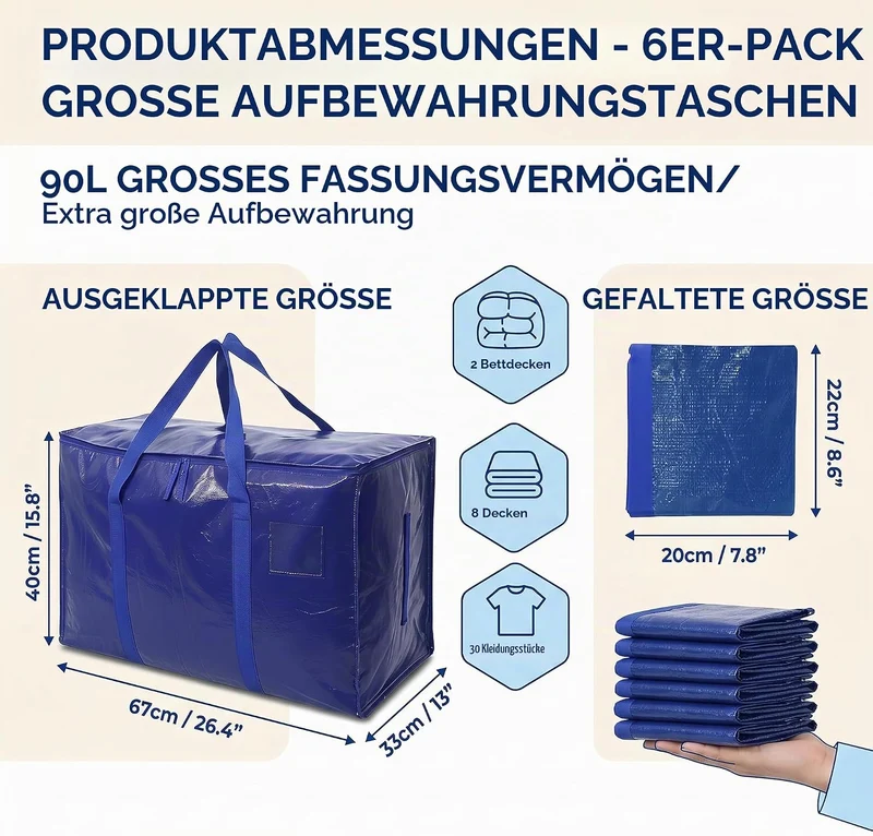 6 Stück 90L Umzugstaschen, Aufbewahrungstaschen mit Reissverschluss | Aufbewahrungstasche Gross mit