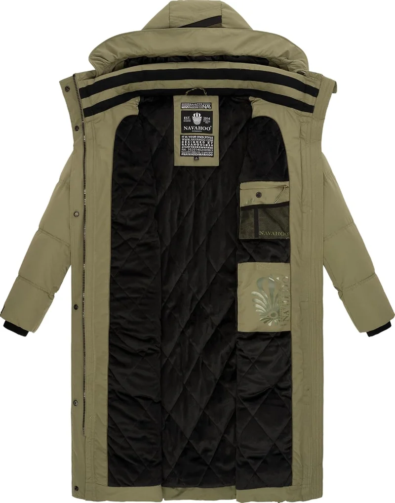 Navahoo Damen Wintermantel Warmer Steppmantel lang mit Kapuze Kuschelmausi S-XXL L Olive Leaf, L Oli
