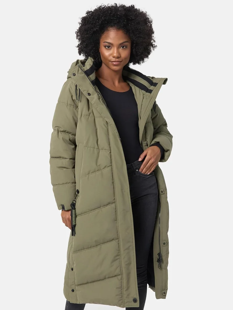 Navahoo Damen Wintermantel Warmer Steppmantel lang mit Kapuze Kuschelmausi S-XXL L Olive Leaf, L Oli