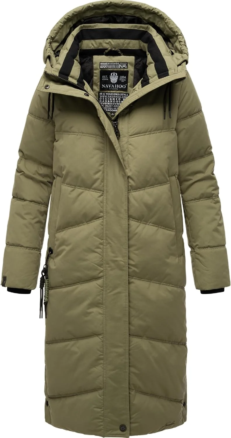 Navahoo Damen Wintermantel Warmer Steppmantel lang mit Kapuze Kuschelmausi S-XXL L Olive Leaf, L Oli
