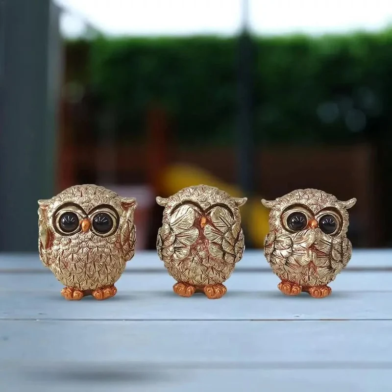 OWLUXE – Dekoskulptur in Antikgold, Handgefertigte Eulenfigur „Nichts Sehen, Nichts Hören, Nichts Sagen"