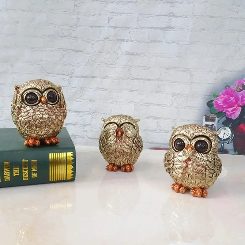 OWLUXE – Dekoskulptur in Antikgold, Handgefertigte Eulenfigur „Nichts Sehen, Nichts Hören, Nichts Sagen"