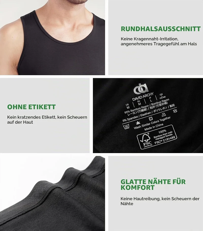 DAVID ARCHY Herren Unterhemden Tshirt Tanktop Business Lässig Bambusfaser Weich Seidig Kurzarm Ärmel
