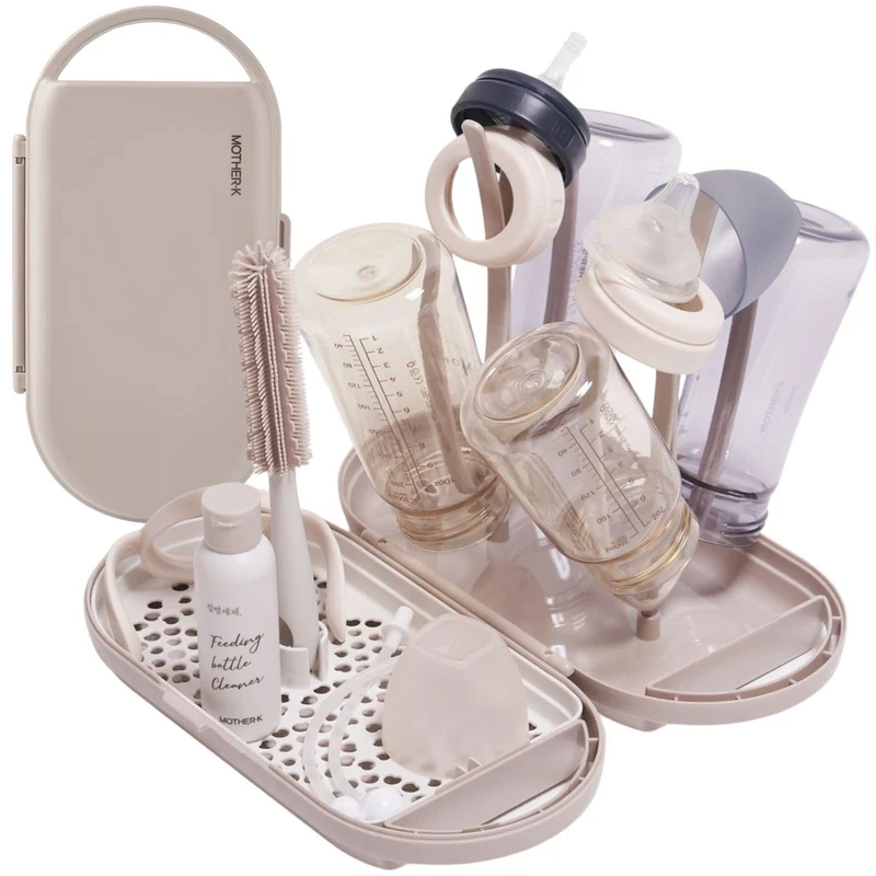MOTHER-K Reise-Babyflaschen-Abtropfgestell-Set, inkl. Flaschenbürste und Reiseflasche, für die Arbei
