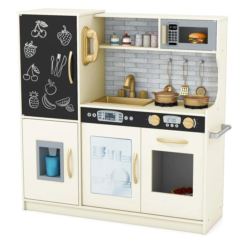 GOPLUS Kinderküche aus Holz, Kinderspielküche mit Mikrowellen, Backofen, Wasserbecken, Kreidetafel &