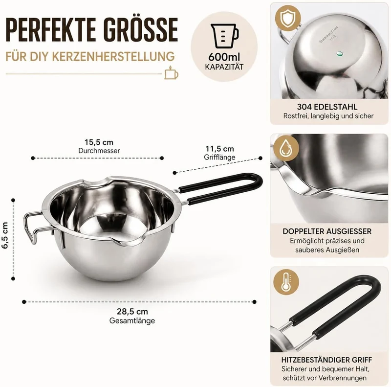 JVHLOV Kerzen Selber Machen Set, Candle Making Kit mit 600ml Wachsschmelztopf, 200 Kerzendochte, 8 K