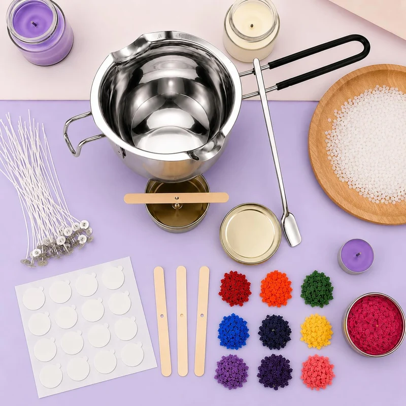 JVHLOV Kerzen Selber Machen Set, Candle Making Kit mit 600ml Wachsschmelztopf, 200 Kerzendochte, 8 K
