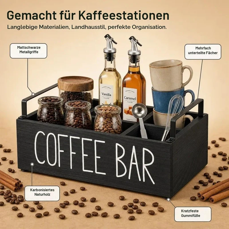 Kaffee Station Veranstalter,Kaffeebar Organizer Holz mit Fächern,Tee Aufbewahrung,Kaffee Station Auf