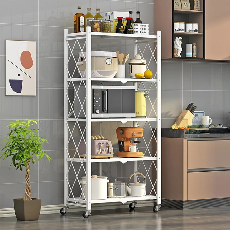Klappbar Servierwagen mit 4 Rollen, Rollwagen klappbar 3/4/5 Etage Mobile Storage Folding Trolley Mi