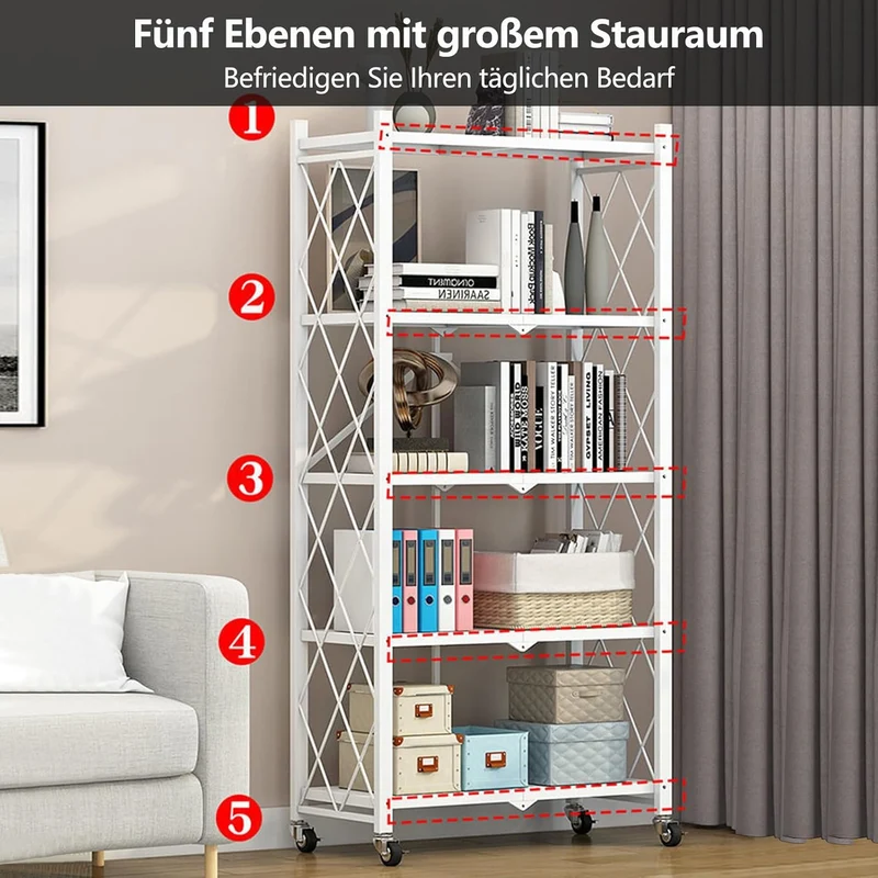 Klappbar Servierwagen mit 4 Rollen, Rollwagen klappbar 3/4/5 Etage Mobile Storage Folding Trolley Mi
