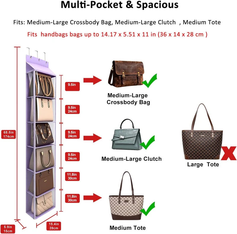 Lirex Geldbörsen-Organizer, 6 Taschen Handtaschen-Organizer mit Reissverschluss zum Aufhängen, für S