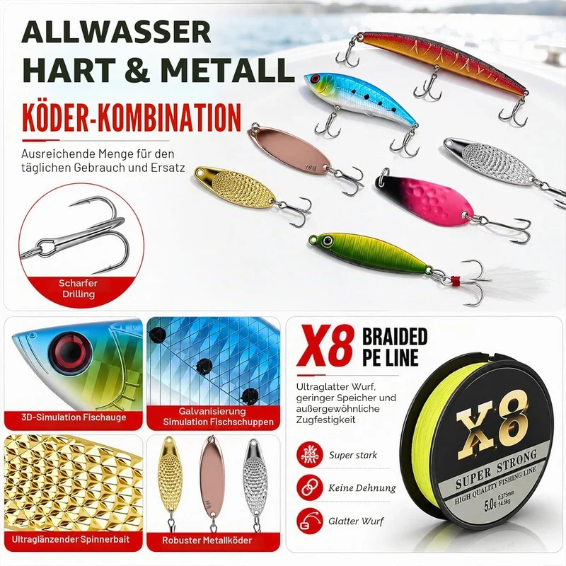 680 Stück Angelzubehör Set, Gemischt Angelköder Kit mit Köder Haken Angelzange Angelwaage für Zander
