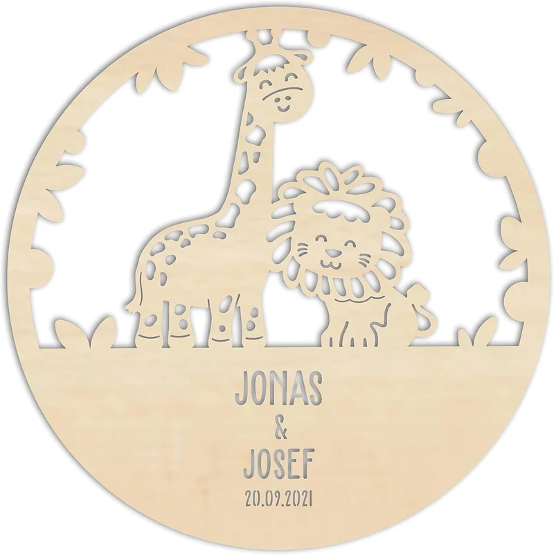 LAUBLUST Nachtlicht Kinderzimmer Personalisiert - Löwe & Giraffe - 30x0,4 cm - Natur - Wandlampe für