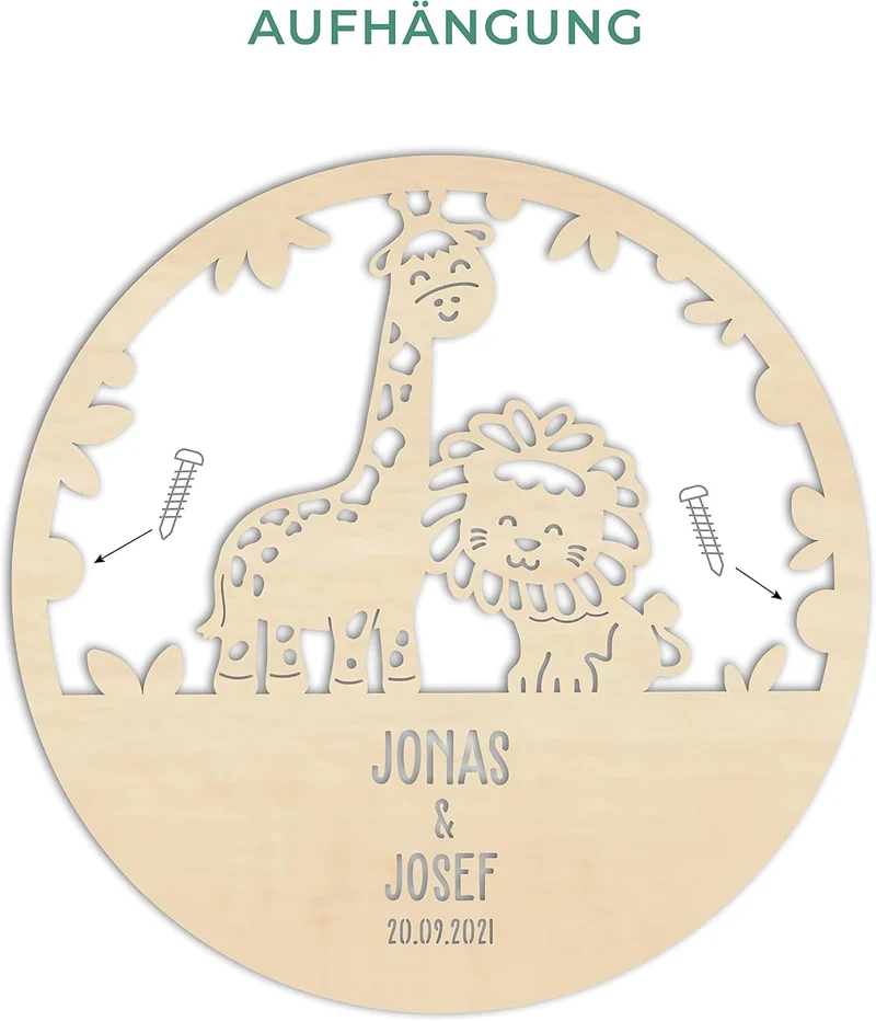 LAUBLUST Nachtlicht Kinderzimmer Personalisiert - Löwe & Giraffe - 30x0,4 cm - Natur - Wandlampe für