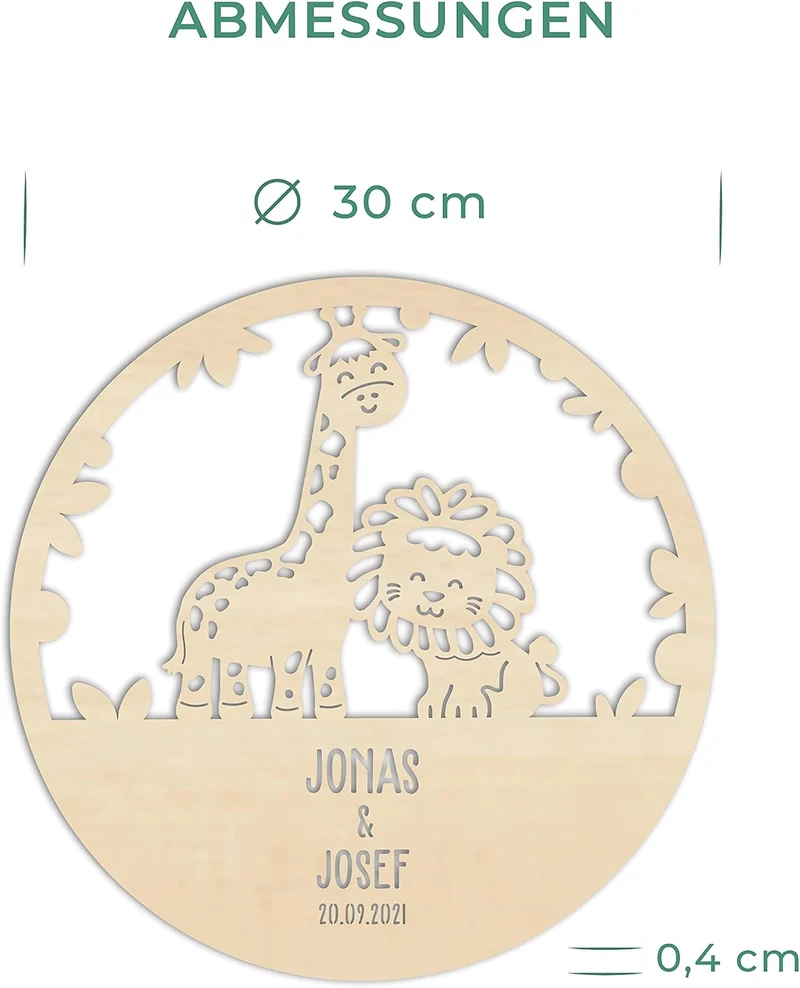 LAUBLUST Nachtlicht Kinderzimmer Personalisiert - Löwe & Giraffe - 30x0,4 cm - Natur - Wandlampe für