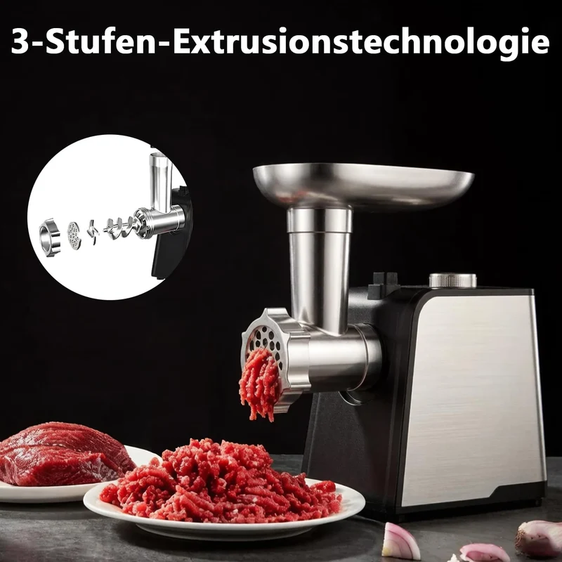 Edelstahl Elektrischer Fleischwolf, 3 in 1 Multi Fleischwolf mit 3 Schleifplatten, 2 Schneidemesser,