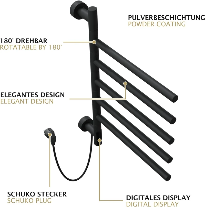 HAGO24 | Elektrischer Handtuchwärmer | Wandmontage | Handtuchtrockner | 5 schwenkbare Arme 180° | To