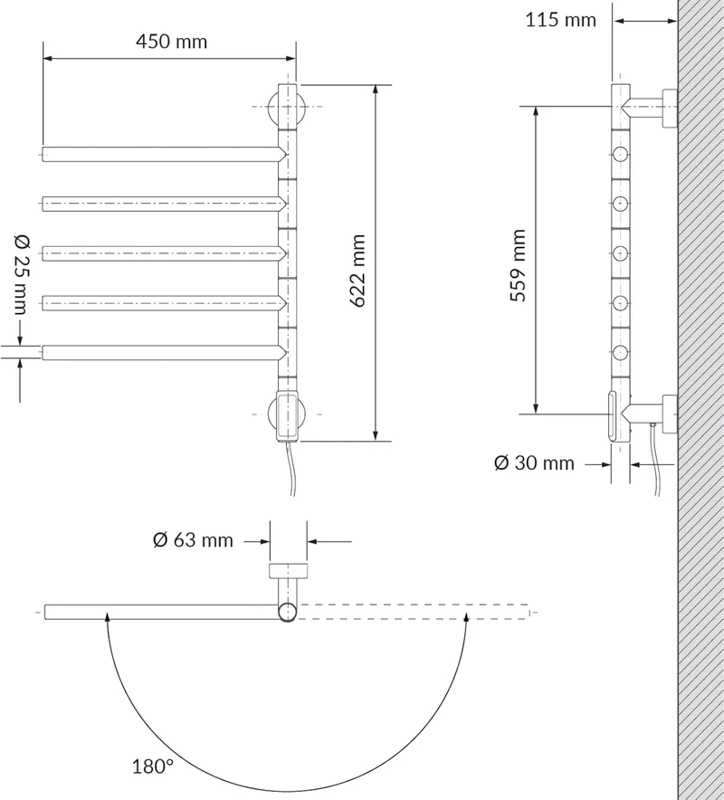 HAGO24 | Elektrischer Handtuchwärmer | Wandmontage | Handtuchtrockner | 5 schwenkbare Arme 180° | To