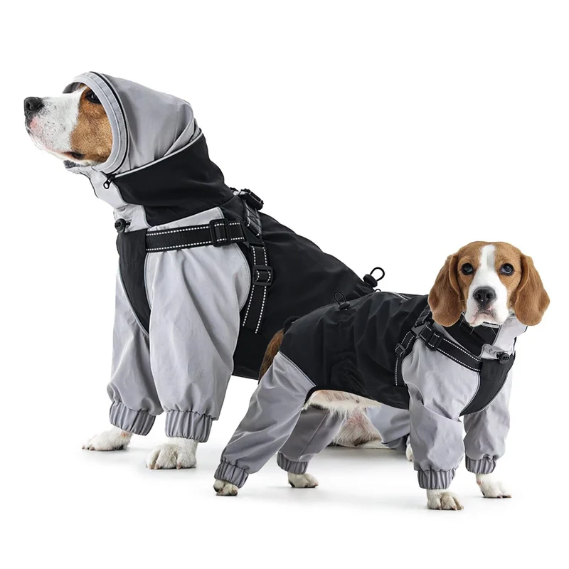 IECOii Regenmantel Hund wasserdicht Full-Body 4-Leg mit versteckter Kapuze,Reissverschluss und Built