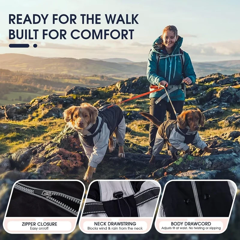 IECOii Regenmantel Hund wasserdicht Full-Body 4-Leg mit versteckter Kapuze,Reissverschluss und Built