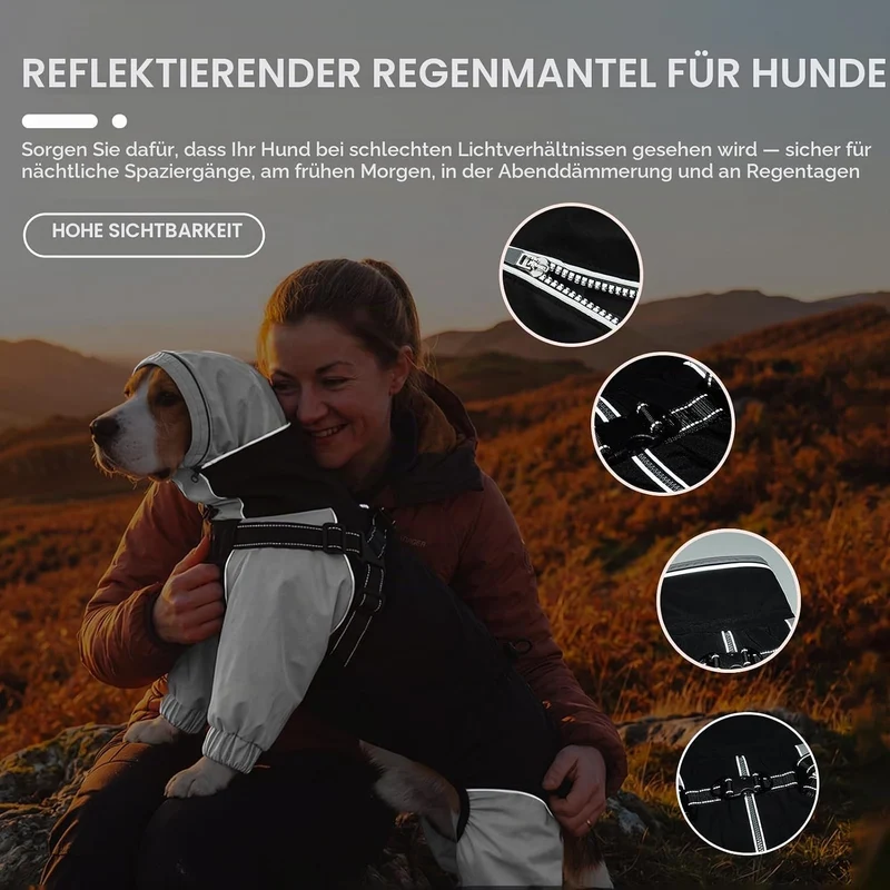 IECOii Regenmantel Hund wasserdicht Full-Body 4-Leg mit versteckter Kapuze,Reissverschluss und Built