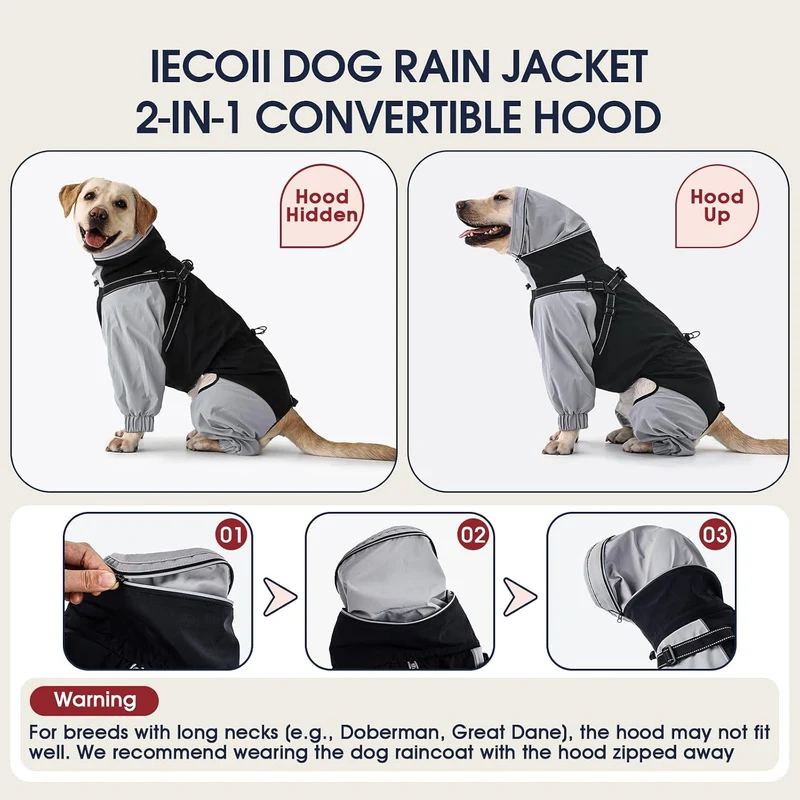 IECOii Regenmantel Hund wasserdicht Full-Body 4-Leg mit versteckter Kapuze,Reissverschluss und Built