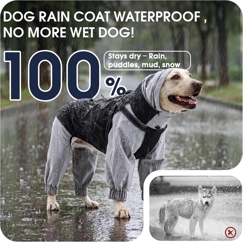 IECOii Regenmantel Hund wasserdicht Full-Body 4-Leg mit versteckter Kapuze,Reissverschluss und Built