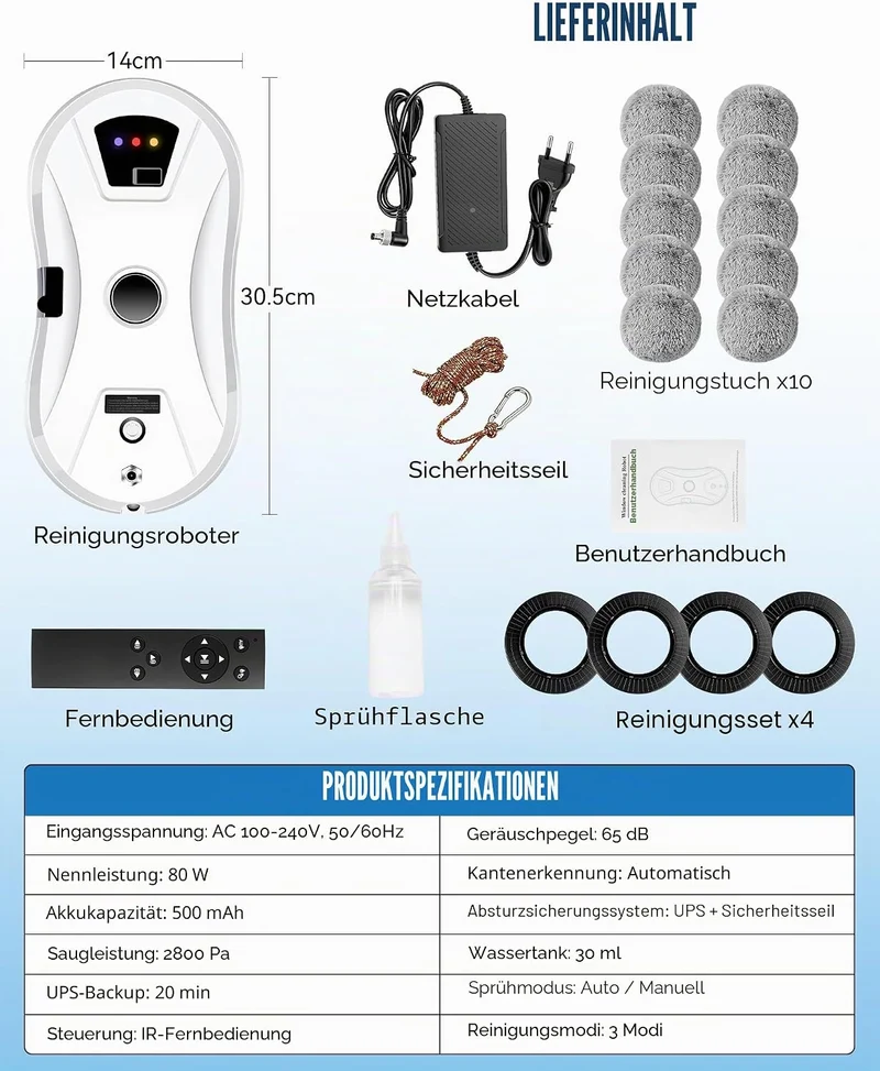 Fensterputzroboter mit Dual-Rotationssystem & Sprühfunktion, 2800Pa, Automatischer Fensterreiniger,