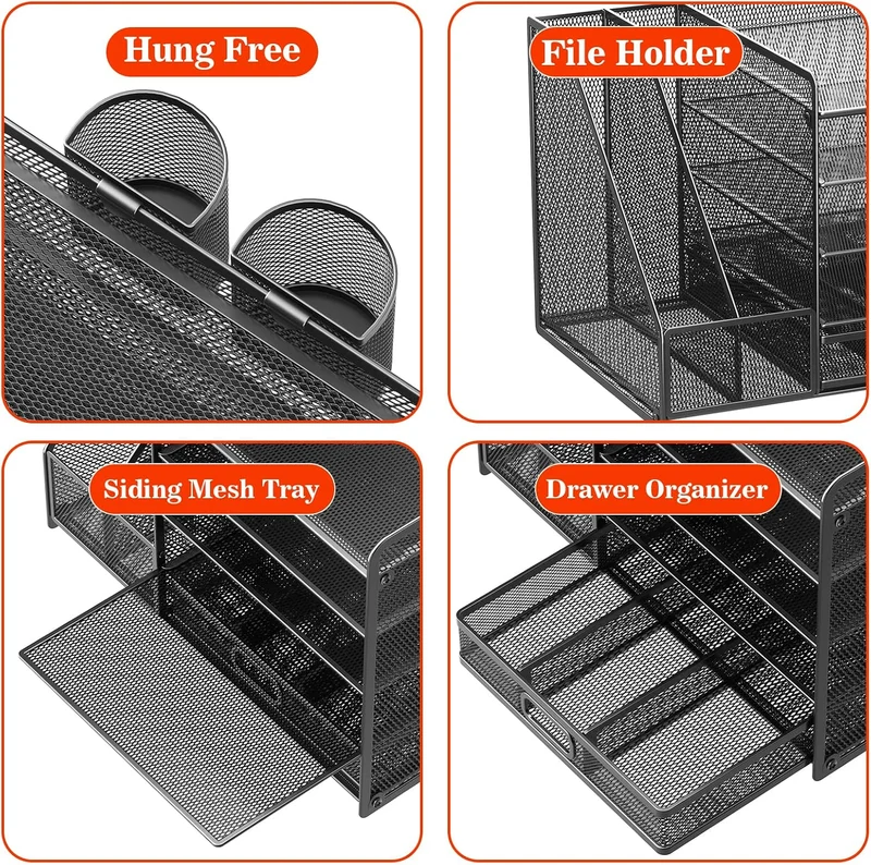 Schreibtisch Organizer mit Aktenhalter, 5-stufiger Papier Organizer mit Schublade und 2 Stifthaltern
