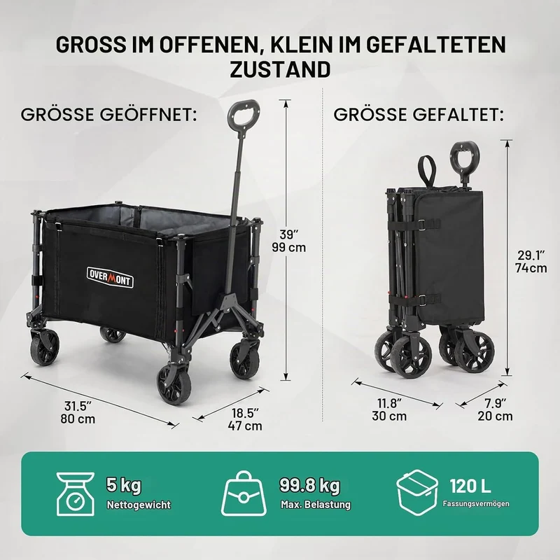 Overmont Bollerwagen Faltbar 3-in-1-120L 100KG Belastbar Klappbarer Handwagen mit All-Terrain Rädern