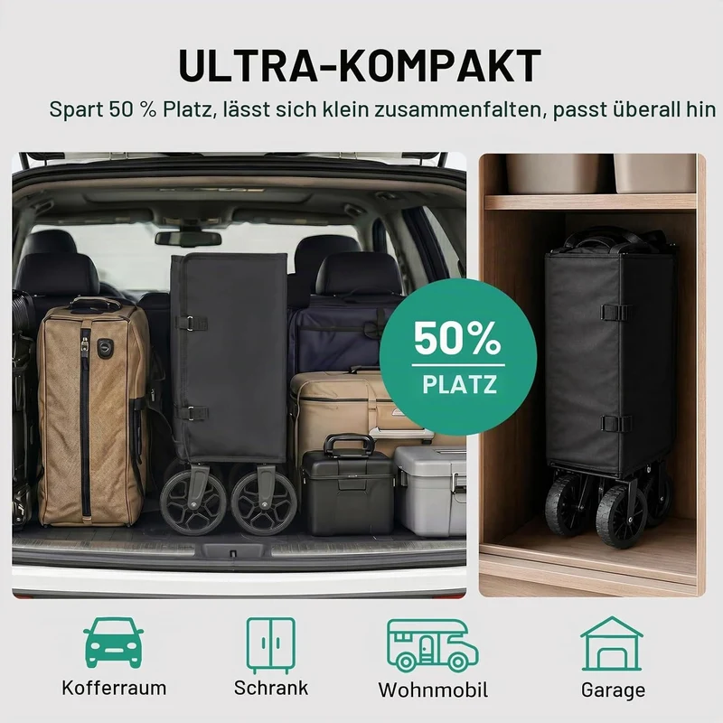 Overmont Bollerwagen Faltbar 3-in-1-120L 100KG Belastbar Klappbarer Handwagen mit All-Terrain Rädern